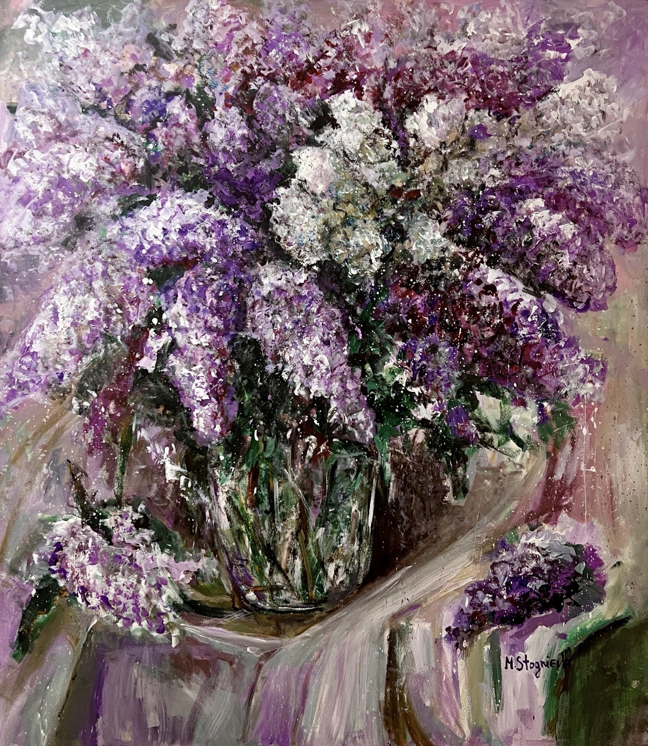 Overall view of the painting Lush Lilac Bouquet